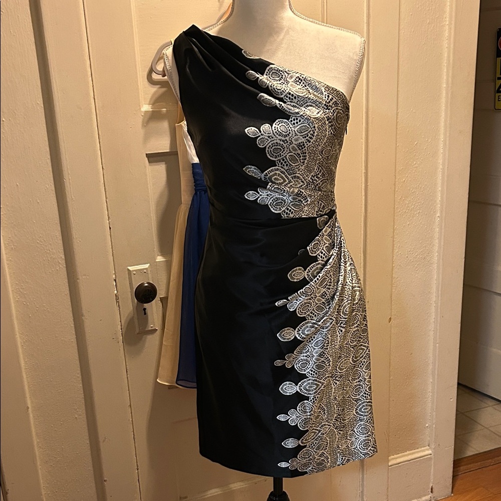 Elegant London Times Black and white One-Shoulder Dress